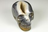 Polished Banded Agate Skull with Quartz Crystal Pocket #190522-2